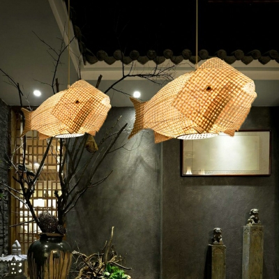 Wood Fish Shaped Suspension Lamp Asia 1-Bulb Bamboo Hanging Ceiling Light for Restaurant