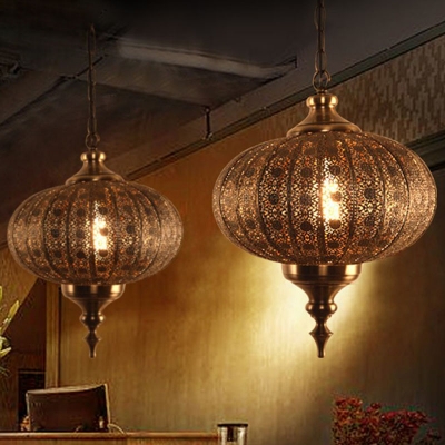 1 Head Hollowed-out Lantern Hanging Light Moroccan Bronze Metal Ceiling Pendant Lamp
