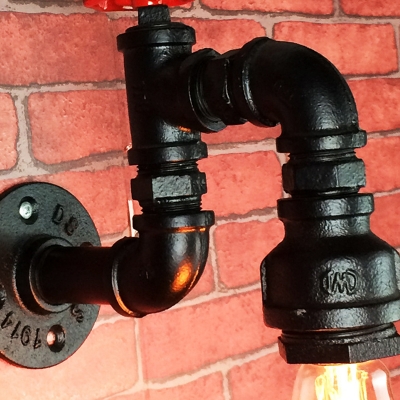 1-Light Faucet Wall Light Fixture Industrial Style Wrought Iron Sconce with Red Valve