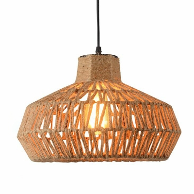 1-Light Jute Rope Pendant Lighting Fixture Rustic Brown Cage Kitchen Ceiling Hang Lamp