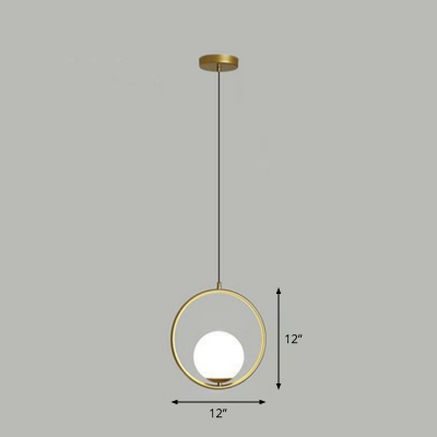 1-Light Living Room Ceiling Lighting Minimalist Pendant Light with Ball White Glass Shade and Ring Stand