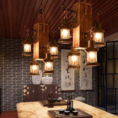 4 Bulbs Ceiling Chandelier Industrial Lantern Clear Glass Pendant Light with Wood Block Deco
