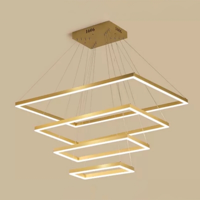 4-Layer Rectangular Aluminum Chandelier Lighting Minimalist Gold LED Pendant Light for Living Room