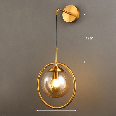 Ball Wall Hanging Lamp Postmodern Glass Single Brass Wall Light Fixture with Metal Ring