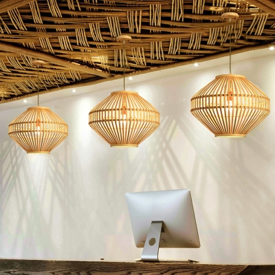 Bamboo Geometric Hanging Lamp Asian 1-Light Beige Pendant Light Kit for Restaurant