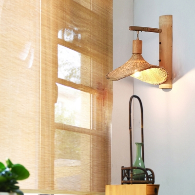Bamboo Handwoven Wall Lamp Japanese Single-Bulb Corridor Wall Light Fixture in Wood