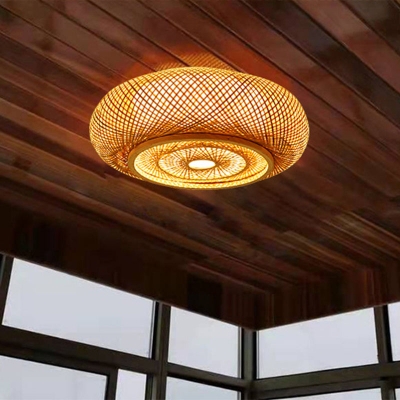 Bamboo Weaving Round Flush Light Asia 1 Head Wood Ceiling Mount Lamp for Bedroom
