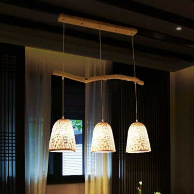 Bell Shaped Island Light Asia Bamboo 3-Light Tea Room Hanging Light Fixture in Wood