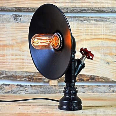 Black 1-Head Table Lamp Industrial Metal Flared Night Light with Pipe and Valve Decoration