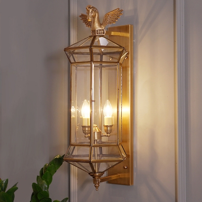 Brass Shaded Wall Mount Light Traditional Clear Glass 3 Heads Outdoor Wall Light with Flying Unicorn Decor
