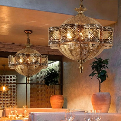 Bronze 6 Light Ceiling Hanging Lantern Moroccan Metal Hollow-out Floral Pendant Lighting Fixture