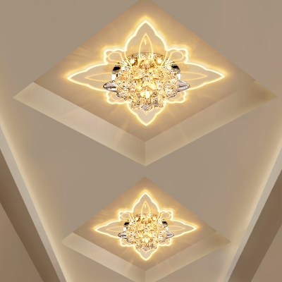 Carved Crystal Flower Flush Lamp Modern Clear LED Ceiling Mount Light for Corridor, Warm Light