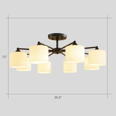 Cylinder White Frosted Glass Semi Flush Mount Rustic Living Room Close To Ceiling Chandelier in Black