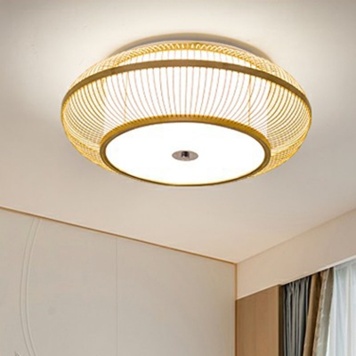 Drum Flush Mount Ceiling Light Modern Acrylic 1-Bulb Wood Flushmount Light with Round Bamboo Cage