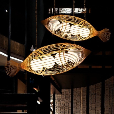 Fish Restaurant Chandelier Bamboo Rustic Hanging Light Fixture with Ball Shade Inside