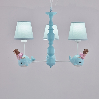 Girl and Whale Chandelier Light Cartoon Resin Bedroom Ceiling Suspension Lamp with Conic Fabric Shade