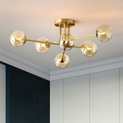 Globe Amber Glass LED Semi Flush Minimalistic Gold Ceiling Mount Chandelier for Dining Room