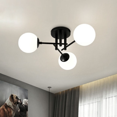 Globe LED Semi Flush Modern Opal Glass Black Ceiling Mount Chandelier for Living Room