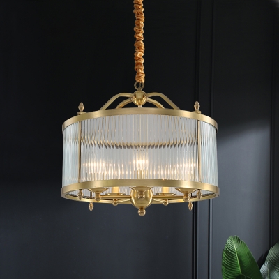 Gold Drum Shade Suspension Light Simplicity Ribbed Glass Dining Room Chandelier Light