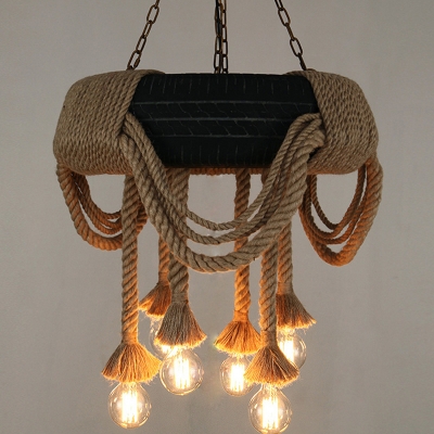 Industrial Tyre Pendant Chandelier 6-Bulb Rubber Hanging Light with Hemp Rope in Brown