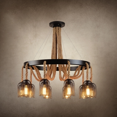 Iron Black Hanging Light Bell Shaped Mesh Cage Industrial Chandelier with Hemp Rope