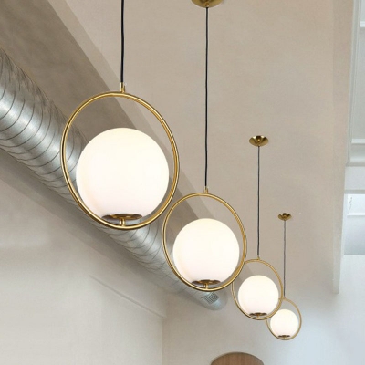 Ivory Glass Spherical Ceiling Hang Lamp Post-Modern 1 Bulb Gold Pendant with Metal Ring