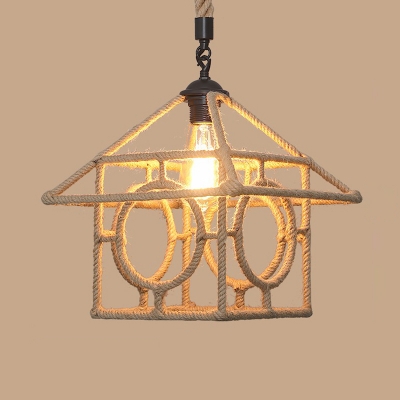 Jute Rope Cage Style Ceiling Hang Lamp Rustic 1-Light Tearoom Pendant Lighting in Brown