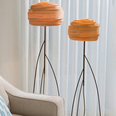 Layered Wood Veneer Floor Light Novelty Japanese Style 1 Head Beige Stand Up Lamp for Living Room