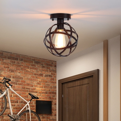Retro Style Cage Ceiling Lighting Single-Bulb Iron Semi Flush Mount Light in Black for Stairs