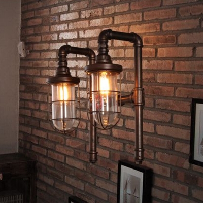 Rust Half-Capsule Reading Wall Lamp Cyberpunk Iron 2-Bulb Living Room Sconce with Gooseneck Pipe Arm and Cage