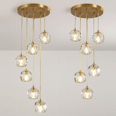 Spiral Dining Room Multi Ceiling Light Clear Faceted Crystal Postmodern Hanging Pendant Light in Gold