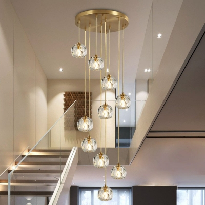 Spiral Dining Room Multi Ceiling Light Clear Faceted Crystal Postmodern Hanging Pendant Light in Gold