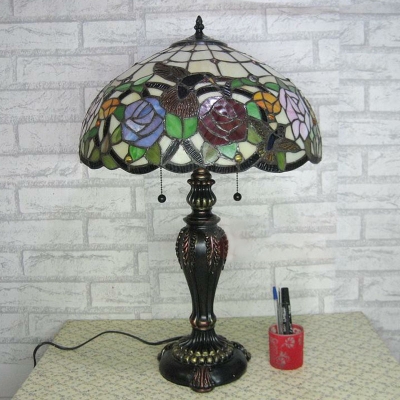 Tiffany Flower and Bird Night Lamp 1-Light Stained Glass Table Lighting in Brass