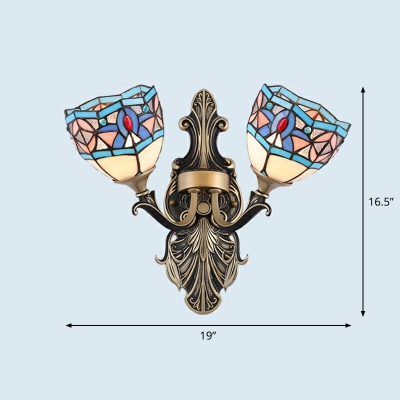 Tiffany Glass Brass Finish Sconce Light Fixture Shaded 2-Head Traditional Wall Mounted Lamp