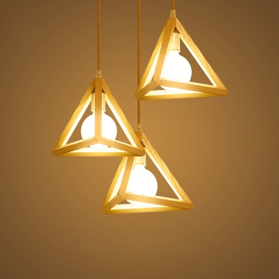 Triangular Cage Hanging Lamp Modern Wooden 3-Head Dining Room Cluster Pendant Light