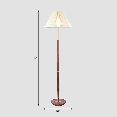 White Cone Floor Lighting Rustic Pleated Fabric 1 Bulb White Standing Lamp with Wood Pedestal