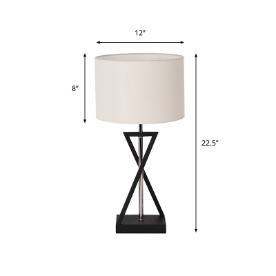 White Drum Table Lighting Minimalist 1 Bulb Fabric Nightstand Lamp with Hourglass Shaped Base
