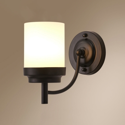 White Glass Cylindrical Sconce Fixture Minimalist 1 Head Corridor Wall Mounted Light in Black