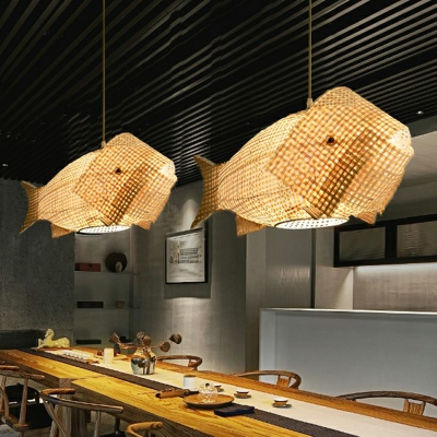 Wood Fish Shaped Suspension Lamp Asia 1-Bulb Bamboo Hanging Ceiling Light for Restaurant