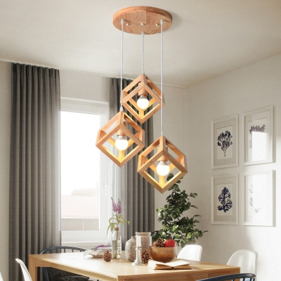 Wooden Geometric Cage Pendant Lighting Fixture Nordic 3 Lights Multiple Hanging Lamp
