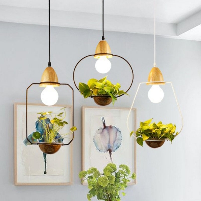 1-Light Ceiling Hanging Lantern Nordic Wooden Geometric Pendant Light with Plant Pot