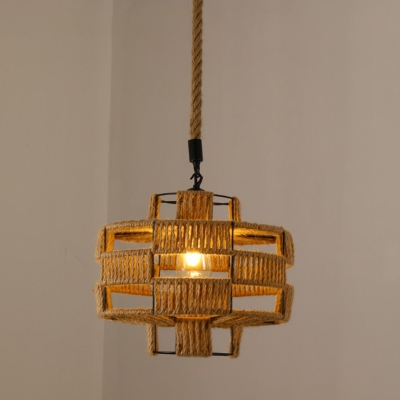1-Light Hollowed-out Pendant Light Country Brown Natural Hemp Rope Hanging Light over Table
