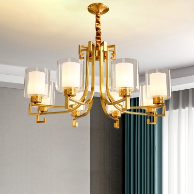 2-Shade Ceiling Pendant Light Traditional Brass Clear and Frost Glass Chandelier for Living Room
