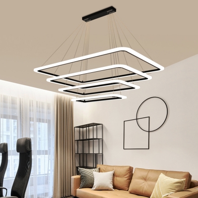 4-Layer Rectangle Chandelier Pendant Light Contemporary Acrylic Living Room LED Hanging Light in Black