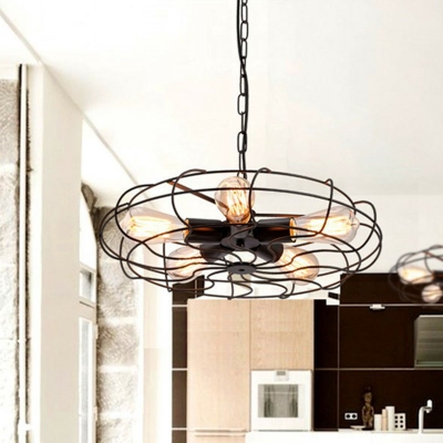 5-Light Round Cage Shade Pendant Lamp Industrial Black Metal Hanging Chandelier over Table