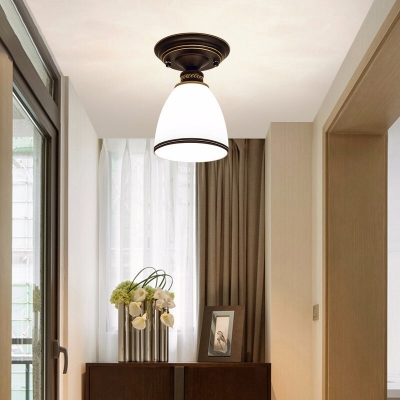 Bell Opal Glass Semi Flush Mount Vintage Single Entryway Ceiling Mounted Light in Gold-Black