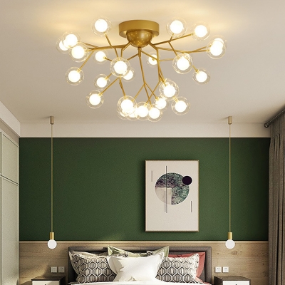 Branch LED Semi Flush Postmodern Metallic Bedroom Firefly Ceiling Mount Chandelier in Gold