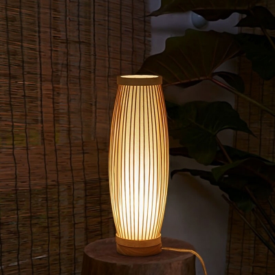 Chinese Style 1-Light Nightstand Lamp Wood Barrel Table Light Kit with Bamboo Shade