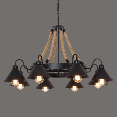 Circular Chandelier Lamp Rustic Black Rope Wrapped Hanging Light over Dining Table