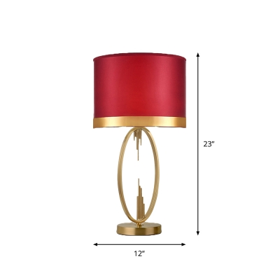 Classic Style Drum Shade Table Lamp Fabric Nightstand Lighting with Metal Base for Living Room